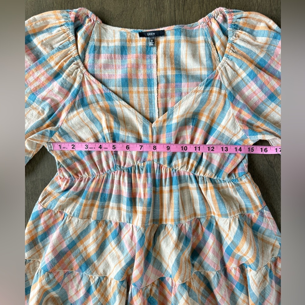 Drew Puff Sleeve Cottage Tiered Midi Dress Plaid Tan Pink Blue Multi Sz S - Picture 5 of 11